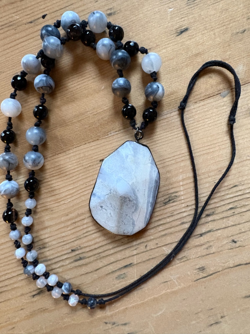 Hand Crafted Gray and Black Beaded Stone Pendant Necklace